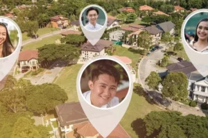 An aerial image of a neighbourhood with location icons over different houses and family members' faces in each icon.