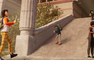 A rendered image of Knossos Palace in Roblox featuring Roblox avatars.